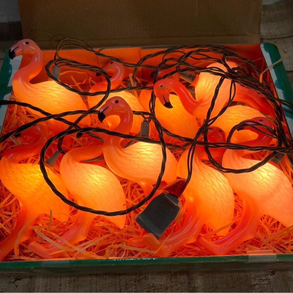 Pink Flamingo Flock Working String Light Set 10 Flamingo Lights Original Box VTG - Picture 2 of 14